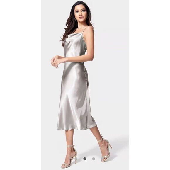 Bebe Women’s Satin Cowl Neck Slip Midi Dress Silver Fairy Size Large - Picture 2 of 9